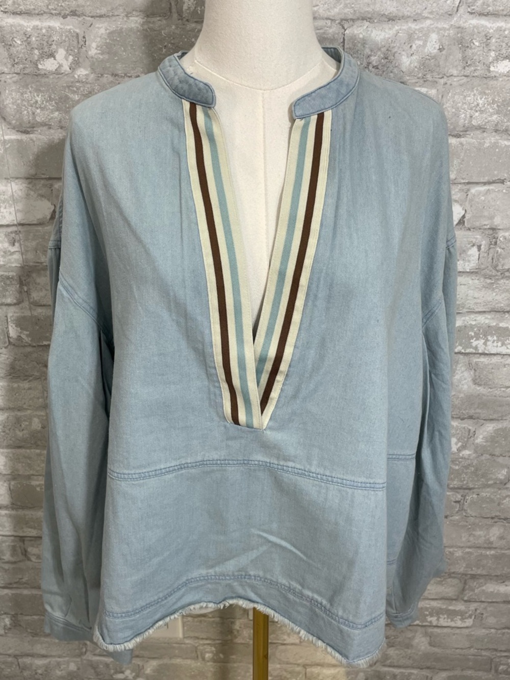 Like Love Light Blue Lightweight Denim V-Neck Pullover Top with Stripe Trim